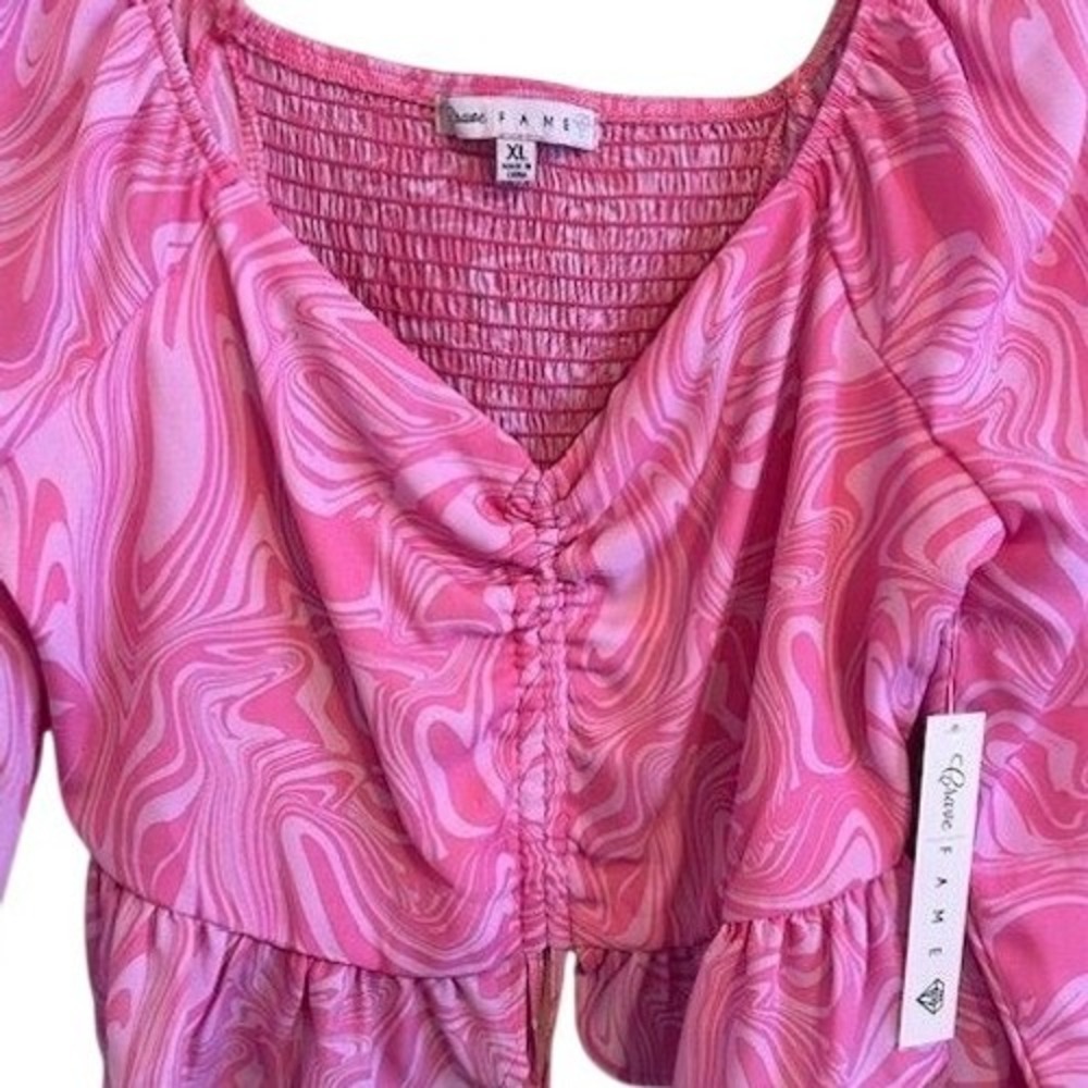 NWT Crave Fame Women's Crop Pink White Marble‎ Peplum Long Sleeve Blouse Size XL